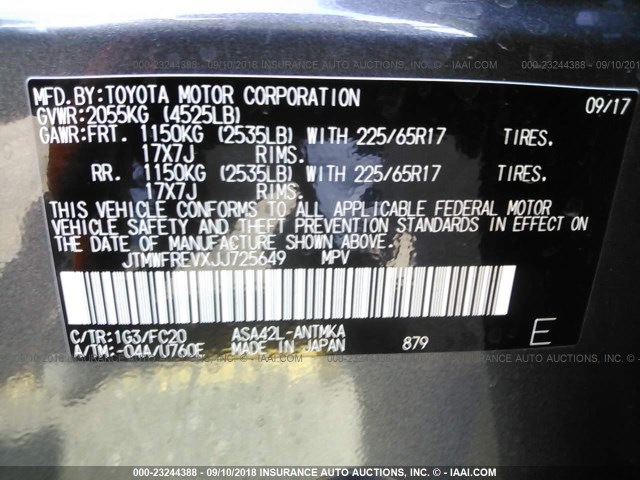 JTMWFREVXJJ725649 - 2018 TOYOTA RAV4 ADVENTURE/XLE ნაცრისფერი ფოტო 9