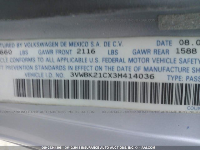 3VWBK21CX3M414036 - 2003 VOLKSWAGEN NEW BEETLE GL 银色 照片 9