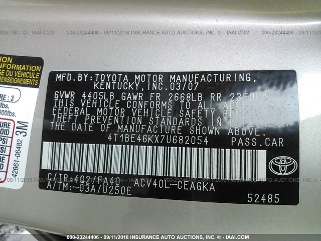 4T1BE46KX7U682054 - 2007 TOYOTA CAMRY NEW GENERAT CE/LE/XLE/SE GOLD photo 9