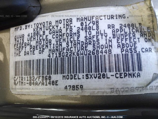 4T1BG22K6WU268448 - 1998 TOYOTA CAMRY CE/LE/XLE 灰色 照片 9