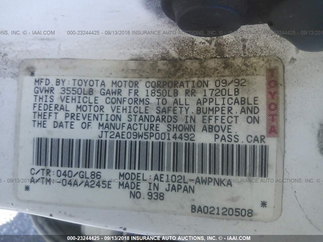 JT2AE09W5P0014492 - 1993 TOYOTA COROLLA DX WHITE photo 9