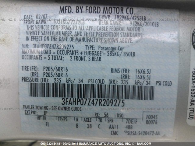 3FAHP07Z47R209275 - 2007 FORD FUSION SE SILVER photo 9