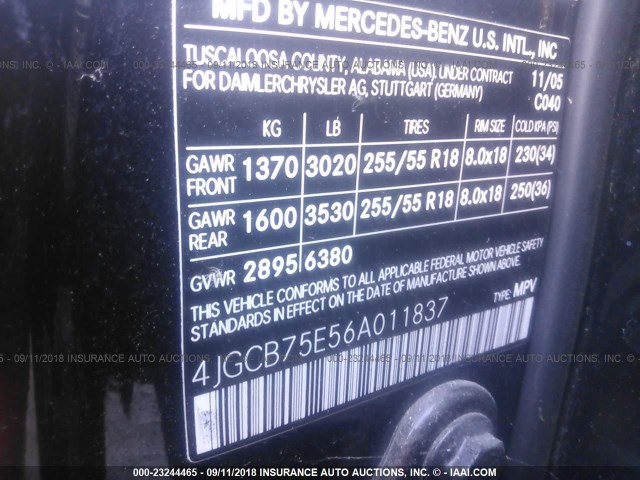 4JGCB75E56A011837 - 2006 MERCEDES-BENZ R 500 BLACK photo 9