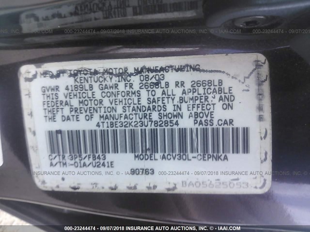 4T1BE32K23U782854 - 2003 TOYOTA CAMRY LE/XLE/SE Қара фото 9