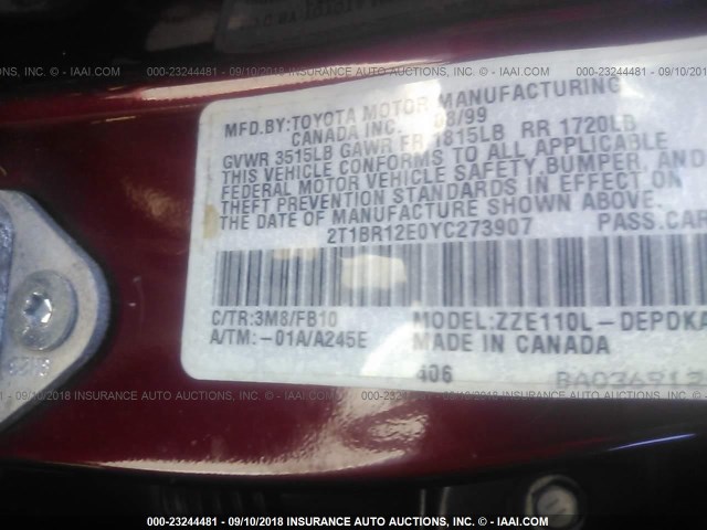 2T1BR12E0YC273907 - 2000 TOYOTA COROLLA VE/CE/LE 红色 照片 9