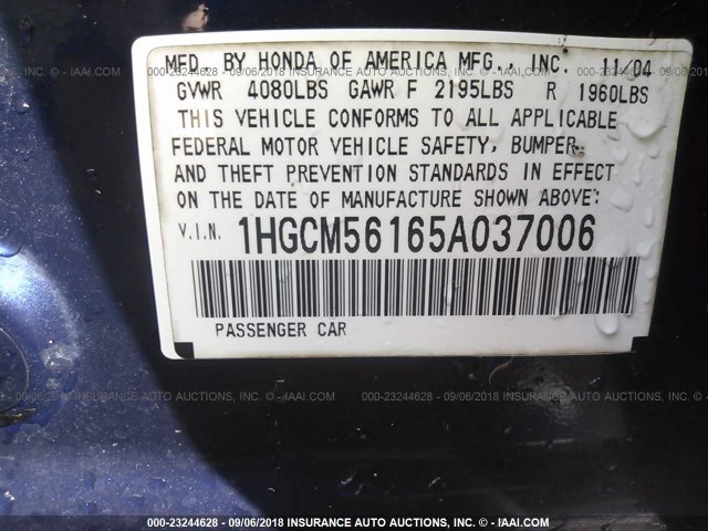 1HGCM56165A037006 - 2005 HONDA ACCORD DX BLUE photo 9