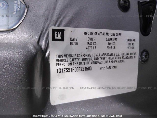 1G1ZS51F06F221503 - 2006 CHEVROLET MALIBU LS ვერცხლისფერი ფოტო 9