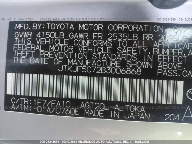 JTKJF5C72B3006868 - 2011 TOYOTA SCION TC 银色 照片 9