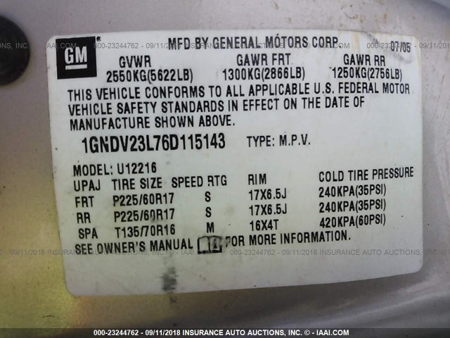 1GNDV23L76D115143 - 2006 CHEVROLET UPLANDER LS GOLD photo 9