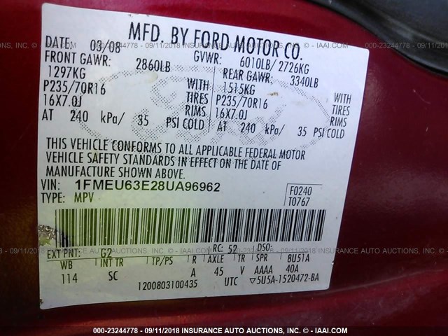 1FMEU63E28UA96962 - 2008 FORD EXPLORER XLT RED photo 9