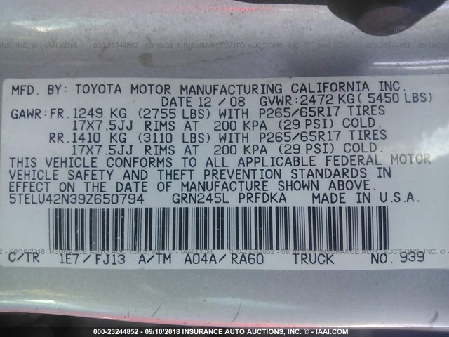 5TELU42N39Z650794 - 2009 TOYOTA TACOMA DOUBLE CAB 银色 照片 9