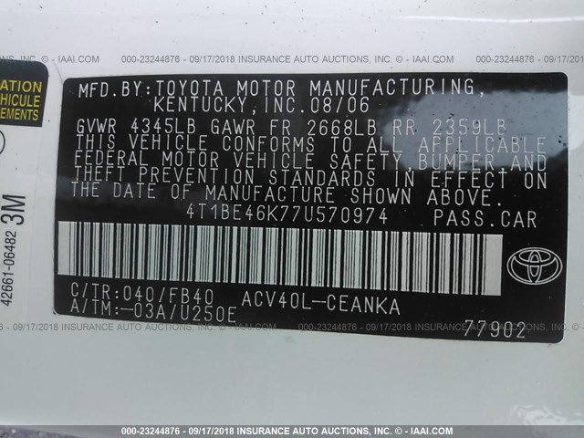 4T1BE46K77U570974 - 2007 TOYOTA CAMRY NEW GENERAT CE/LE/XLE/SE WHITE photo 9