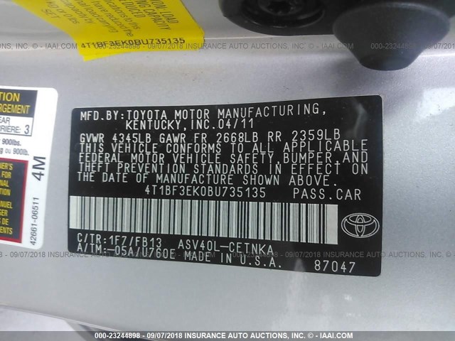 4T1BF3EK0BU735135 - 2011 TOYOTA CAMRY SE/LE/XLE SILVER photo 9