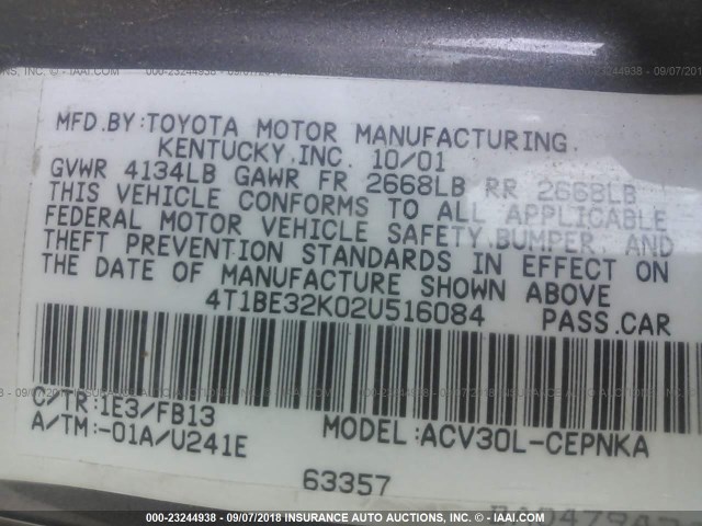 4T1BE32K02U516084 - 2002 TOYOTA CAMRY LE/XLE/SE GRAY photo 9