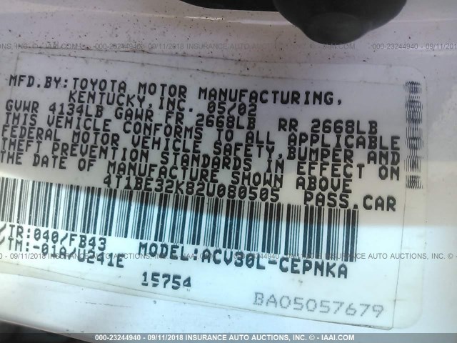 4T1BE32K82U080505 - 2002 TOYOTA CAMRY LE/XLE/SE Ağ foto 9