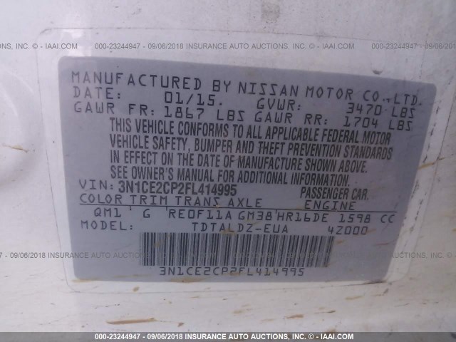 3N1CE2CP2FL414995 - 2015 NISSAN VERSA NOTE S/S PLUS/SV/SL/SR WHITE photo 9