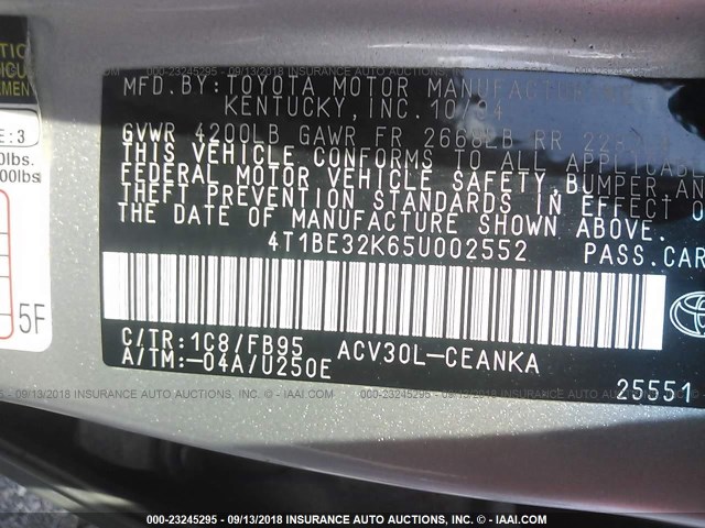 4T1BE32K65U002552 - 2005 TOYOTA CAMRY LE/XLE/SE Күміс фото 9