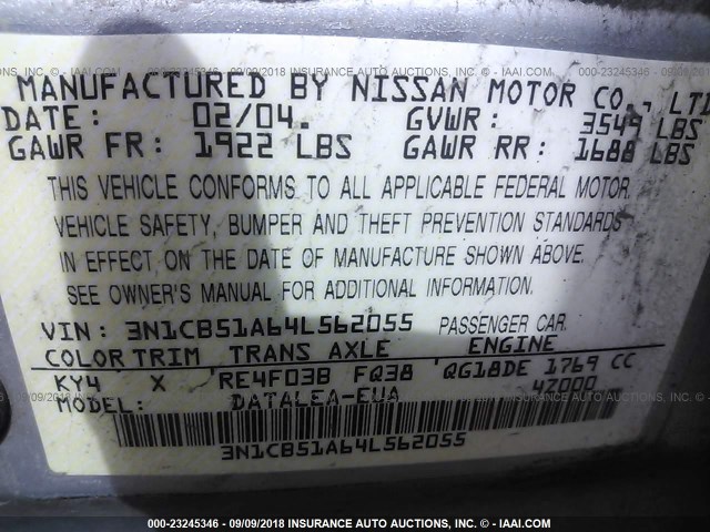 3N1CB51A64L562055 - 2004 NISSAN SENTRA 1.8S SILVER photo 9