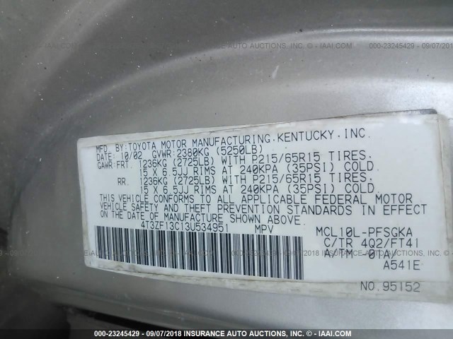 4T3ZF13C13U534951 - 2003 TOYOTA SIENNA LE/XLE TAN photo 9