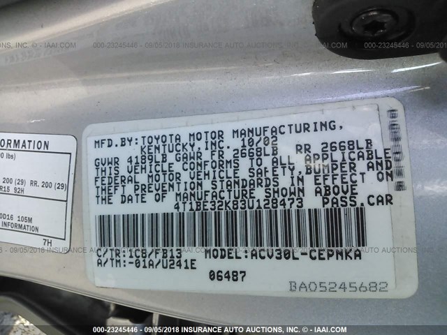 4T1BE32K83U128473 - 2003 TOYOTA CAMRY LE/XLE/SE Gümüş foto 9