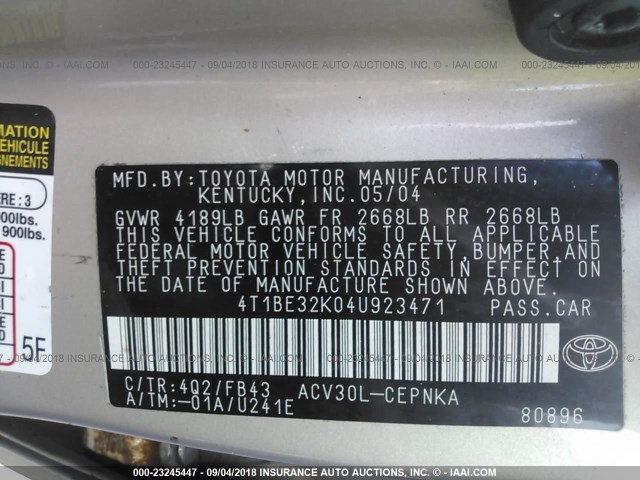 4T1BE32K04U923471 - 2004 TOYOTA CAMRY LE/XLE/SE Qəhvəyi foto 9