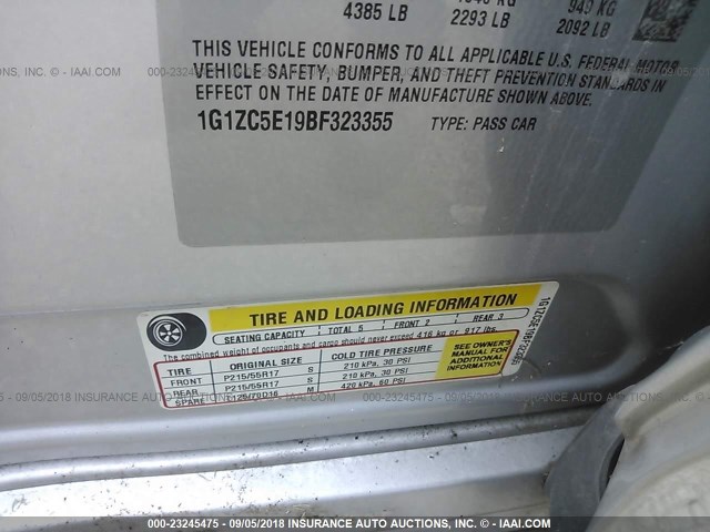 1G1ZC5E19BF323355 - 2011 CHEVROLET MALIBU 1LT SILVER photo 9