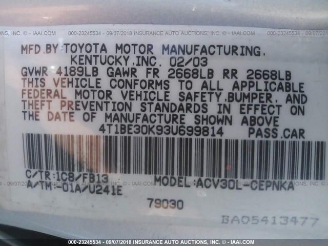 4T1BE30K93U699814 - 2003 TOYOTA CAMRY LE/XLE/SE Күміс фото 9