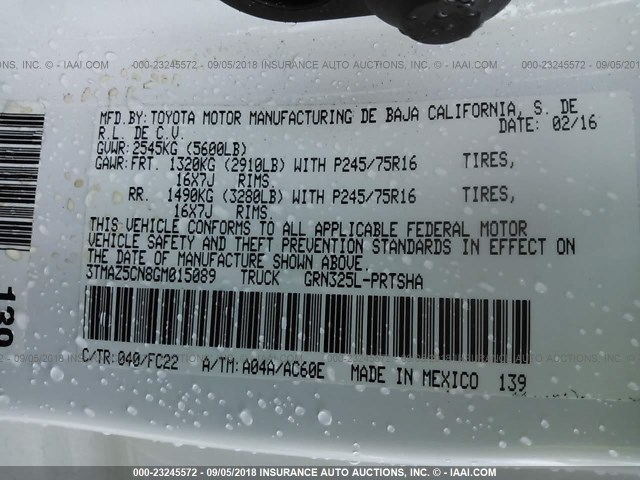 3TMAZ5CN8GM015089 - 2016 TOYOTA TACOMA DBL CAB/SR5/TRD SPORT/OR WHITE photo 9