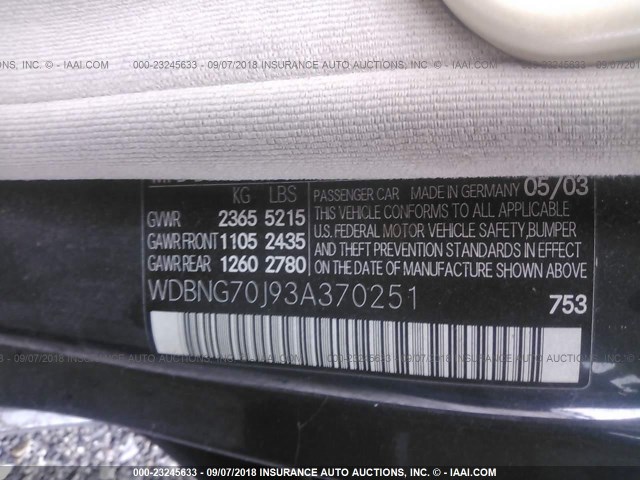 WDBNG70J93A370251 - 2003 MERCEDES-BENZ S 430 GRAY photo 9