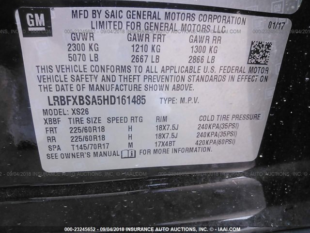 LRBFXBSA5HD161485 - 2017 BUICK ENVISION ESSENCE 黑色 照片 9