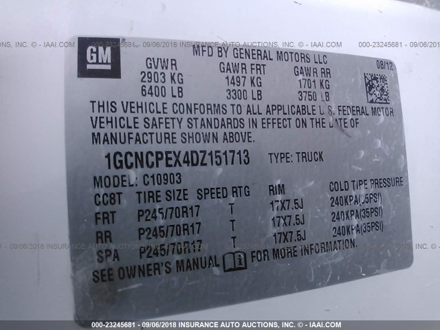 1GCNCPEX4DZ151713 - 2013 CHEVROLET SILVERADO C1500 WHITE photo 9