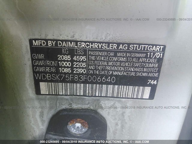 WDBSK75F83F006640 - 2003 MERCEDES-BENZ SL 500R SILVER photo 9