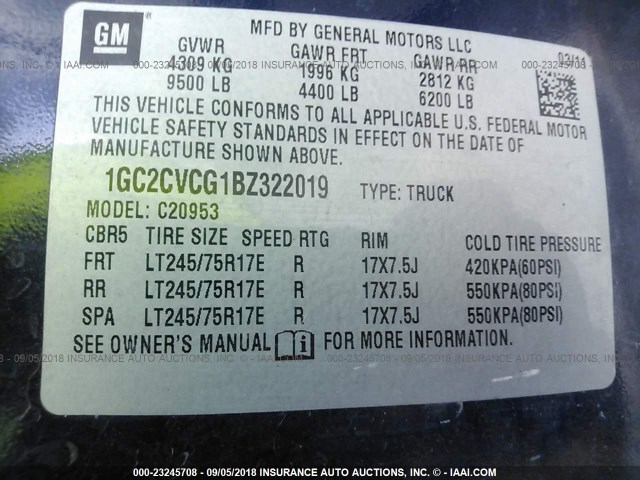 1GC2CVCG1BZ322019 - 2011 CHEVROLET SILVERADO C2500 HEAVY DUTY BLUE photo 9