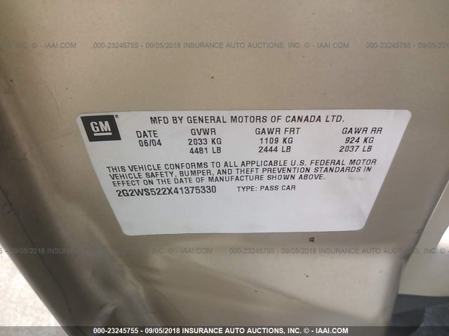 2G2WS522X41375330 - 2004 PONTIAC GRAND PRIX GT2 ოქროსფერი ფოტო 9