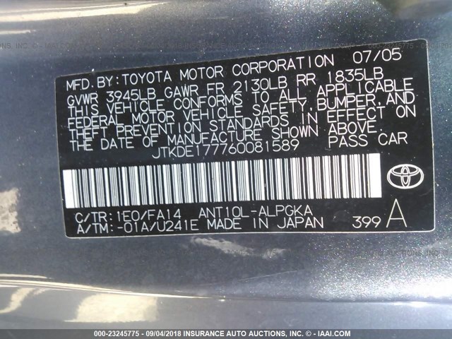 JTKDE177760081589 - 2006 TOYOTA SCION TC 灰色 照片 9