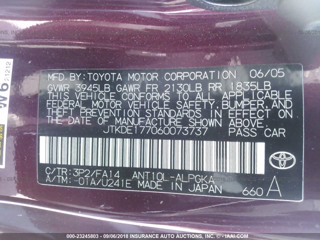 JTKDE177060073737 - 2006 TOYOTA SCION TC 紫色 照片 9