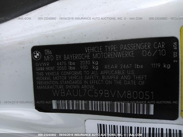 WBAUL7C59BVM80051 - 2011 BMW 128 I WHITE photo 9