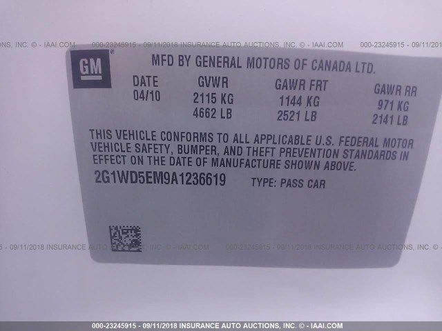 2G1WD5EM9A1236619 - 2010 CHEVROLET IMPALA POLICE WHITE photo 9