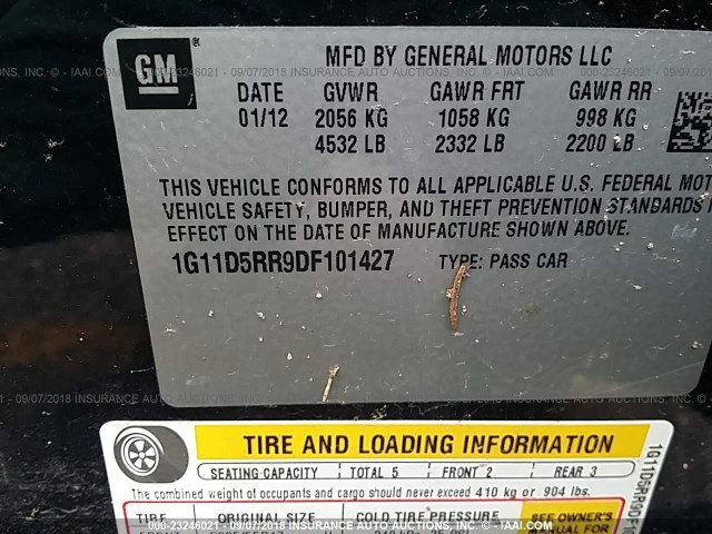 1G11D5RR9DF101427 - 2013 CHEVROLET MALIBU 1LT BLACK photo 9