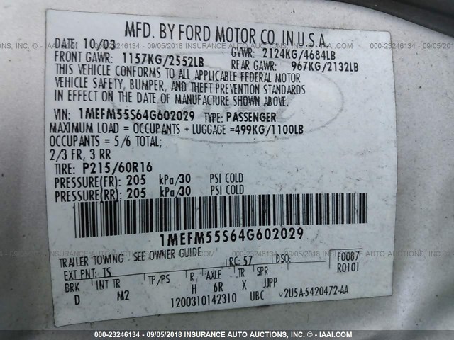 1MEFM55S64G602029 - 2004 MERCURY SABLE LS PREMIUM SILVER photo 9