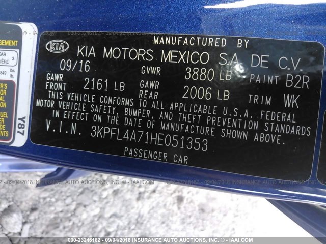 3KPFL4A71HE051353 - 2017 KIA FORTE LX/S BLUE photo 9