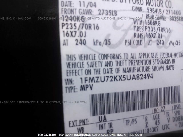 1FMZU72KX5UA82494 - 2005 FORD EXPLORER XLS/XLS SPORT BLACK photo 9