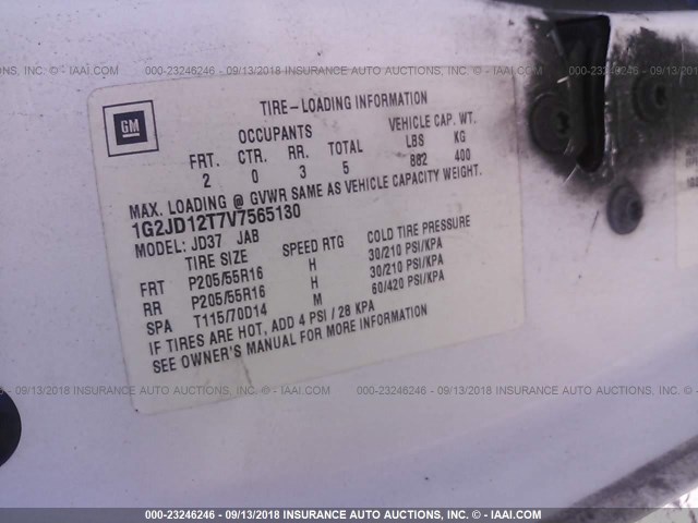 1G2JD12T7V7565130 - 1997 PONTIAC SUNFIRE GT WHITE photo 9