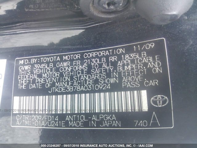 JTKDE3B78A0310924 - 2010 TOYOTA SCION TC 灰色 照片 9