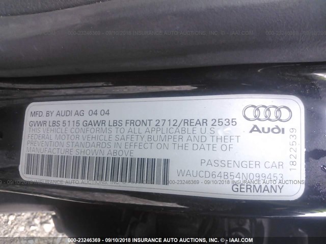 WAUCD64B54N099453 - 2004 AUDI A6 S-LINE QUATTRO BLACK photo 9