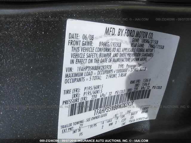 1FAHP35N88W283928 - 2008 FORD FOCUS SE/SEL/SES SILVER photo 9