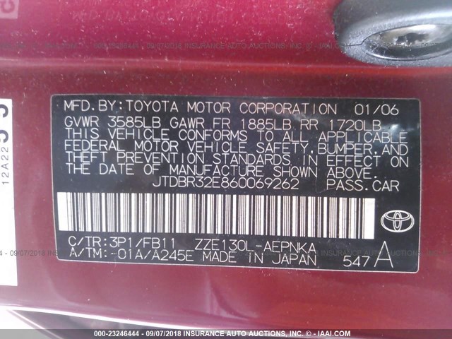 JTDBR32E860069262 - 2006 TOYOTA COROLLA CE/LE RED photo 9