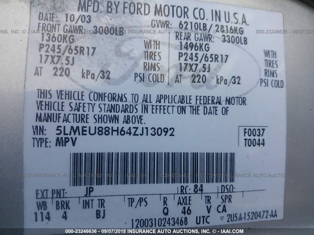 5LMEU88H64ZJ13092 - 2004 LINCOLN AVIATOR 银色 照片 9