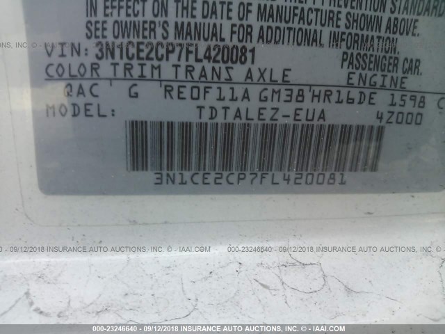 3N1CE2CP7FL420081 - 2015 NISSAN VERSA NOTE S/S PLUS/SV/SL/SR WHITE photo 9