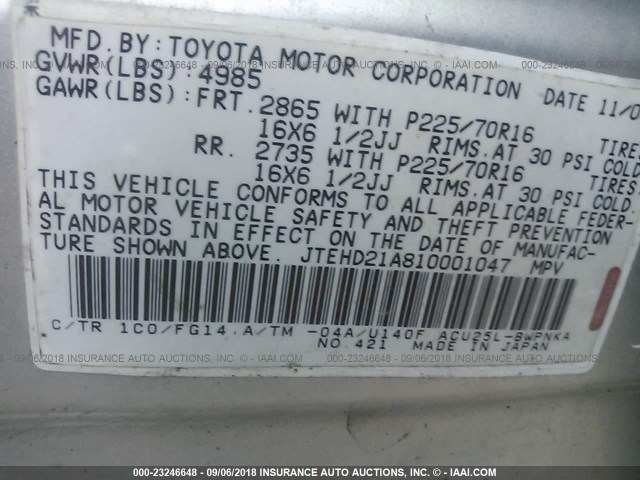 JTEHD21A810001047 - 2001 TOYOTA HIGHLANDER SILVER photo 9